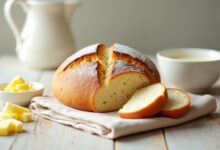 Rustic round no-yeast buttermilk quick bread loaf with golden crust and sliced tender crumb
