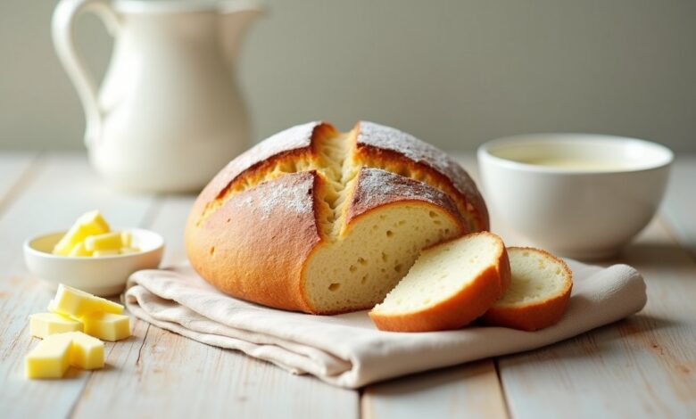 Rustic round no-yeast buttermilk quick bread loaf with golden crust and sliced tender crumb