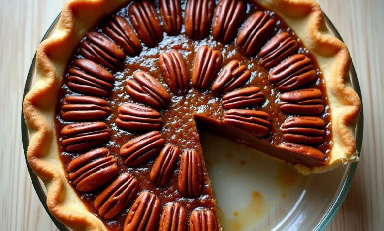 Classic pecan pie with glossy filling and pecan halves in a glass pie dish, one slice removed