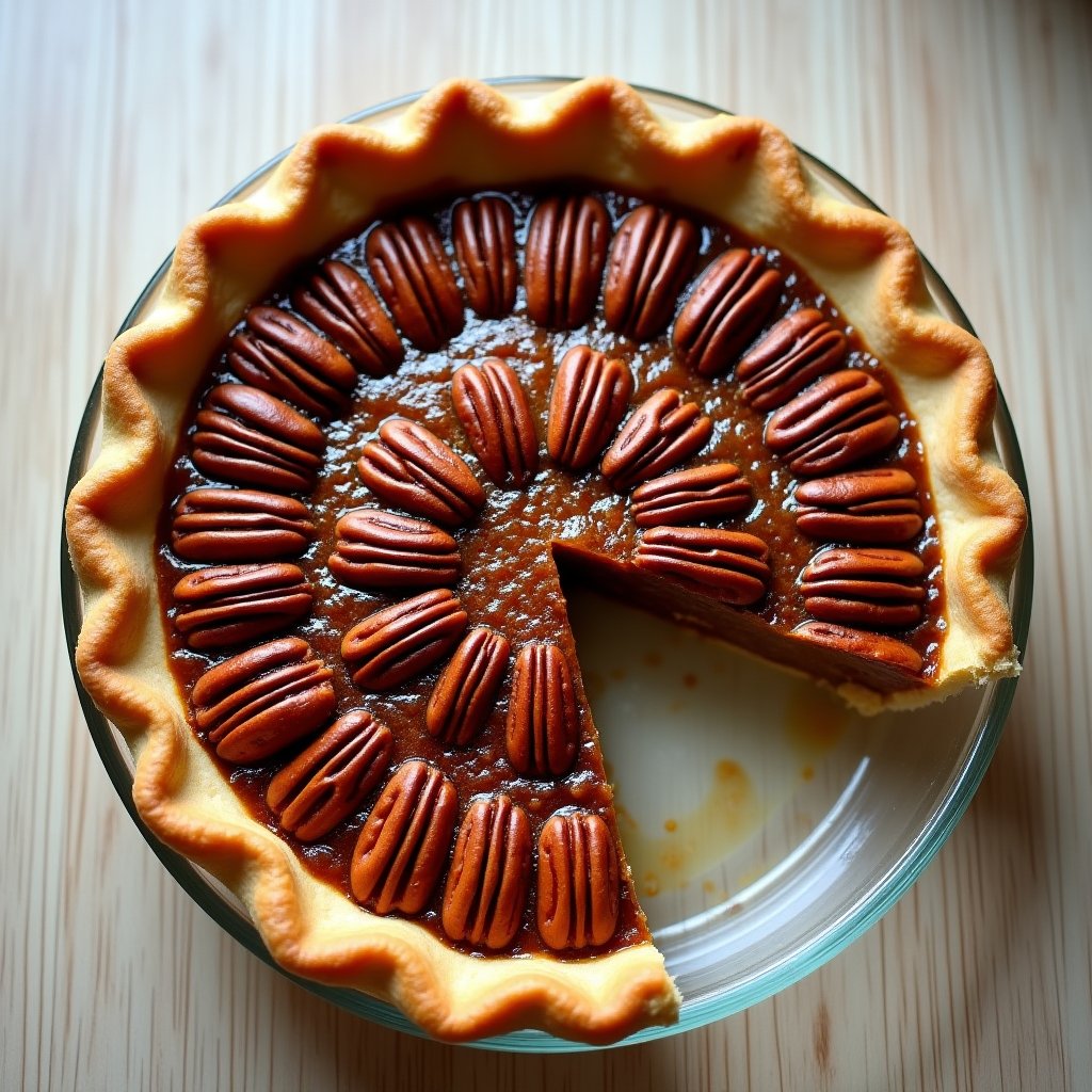 Classic pecan pie with glossy filling and pecan halves in a glass pie dish, one slice removed