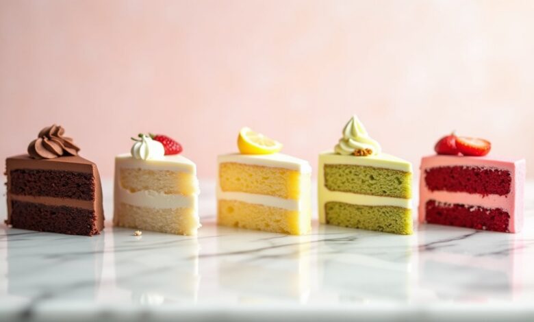 Six popular cake flavors including chocolate, vanilla, strawberry, lemon, pistachio and red velvet