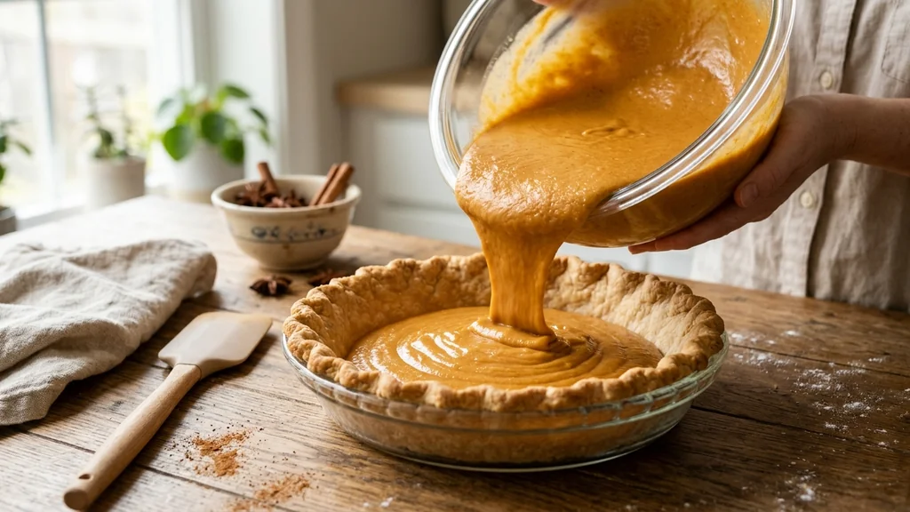 Pouring silky smooth spiced sweet potato pie filling from a glass bowl into a par-baked fluted butter crust