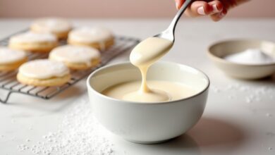 Smooth homemade powdered sugar icing in a ceramic bowl with glazed cookies
