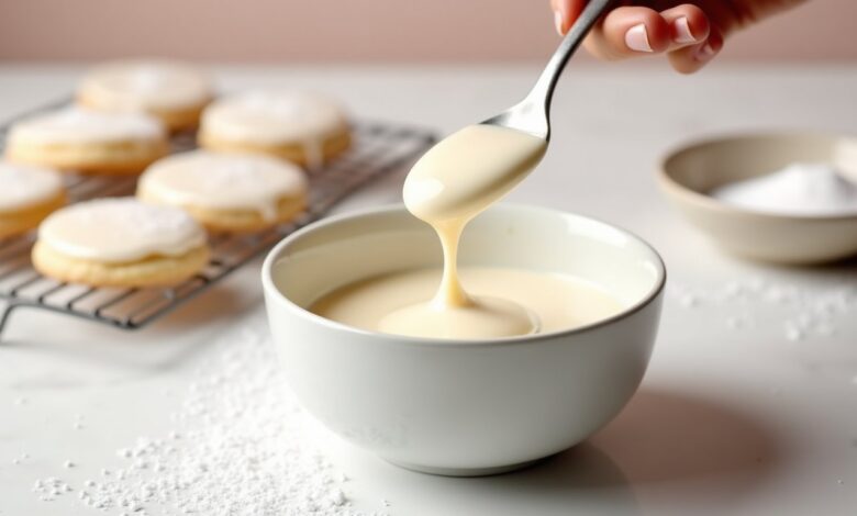 Smooth homemade powdered sugar icing in a ceramic bowl with glazed cookies