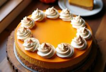 Pumpkin cheesecake on a graham cracker crust topped with whipped cream rosettes and cinnamon, with one slice on a plate