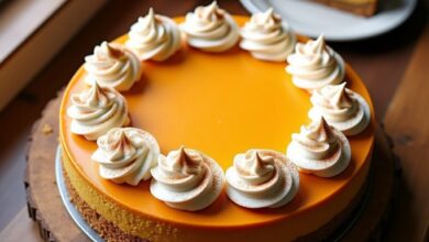 Pumpkin cheesecake on a graham cracker crust topped with whipped cream rosettes and cinnamon, with one slice on a plate