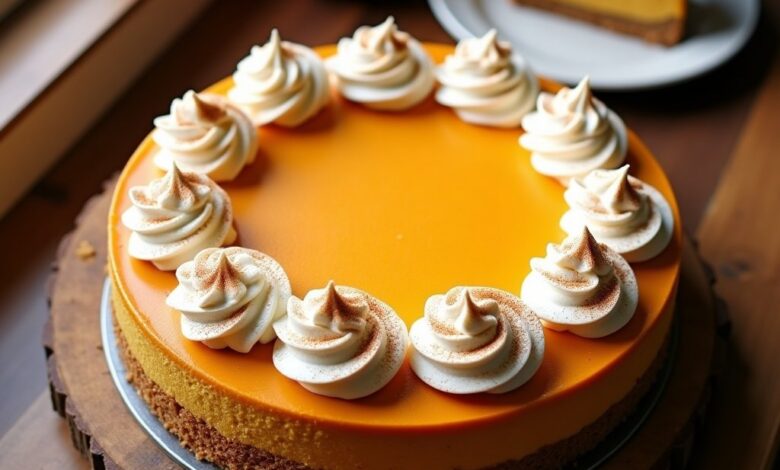 Pumpkin cheesecake on a graham cracker crust topped with whipped cream rosettes and cinnamon, with one slice on a plate