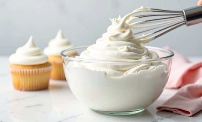 Fluffy glossy seven minute frosting lifted into a peak with a wire whisk