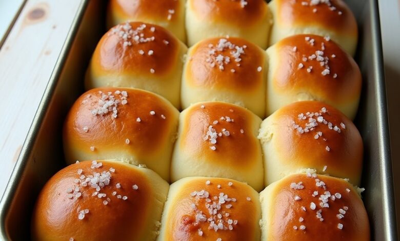 Golden soft pull-apart dinner rolls brushed with butter in a 9x13 baking pan
