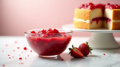 Thick fresh strawberry cake filling in a glass bowl beside vanilla layer cake