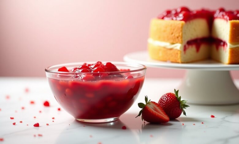 Thick fresh strawberry cake filling in a glass bowl beside vanilla layer cake
