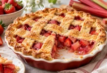 Homemade strawberry rhubarb pie with golden lattice crust and ruby red fruit filling