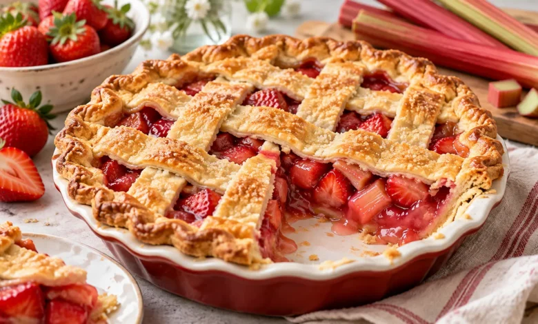 Homemade strawberry rhubarb pie with golden lattice crust and ruby red fruit filling