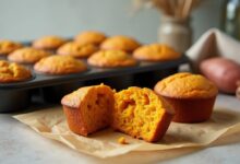 Golden sweet potato corn muffins in a baking tin with a split muffin showing the moist cornmeal crumb