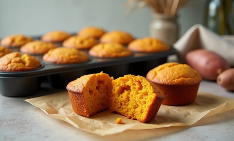 Golden sweet potato corn muffins in a baking tin with a split muffin showing the moist cornmeal crumb