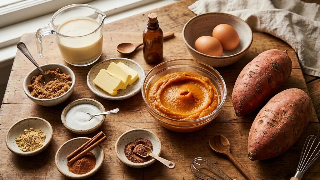 Fresh ingredients for homemade sweet potato pie: roasted sweet potatoes, butter, evaporated milk, eggs, brown sugar and warm spices