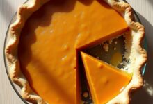 Homemade sweet potato pie with a crimped butter crust in a glass pie dish, one slice cut