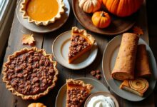 Thanksgiving dessert table with pumpkin pie, pecan pie, sweet potato pie, sliced pumpkin roll and apple crisp on a wooden table