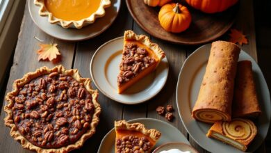Thanksgiving dessert table with pumpkin pie, pecan pie, sweet potato pie, sliced pumpkin roll and apple crisp on a wooden table