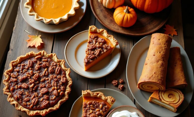 Thanksgiving dessert table with pumpkin pie, pecan pie, sweet potato pie, sliced pumpkin roll and apple crisp on a wooden table