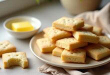 Homemade buttery shortbread cookies on a ceramic plate with a golden, crumbly texture