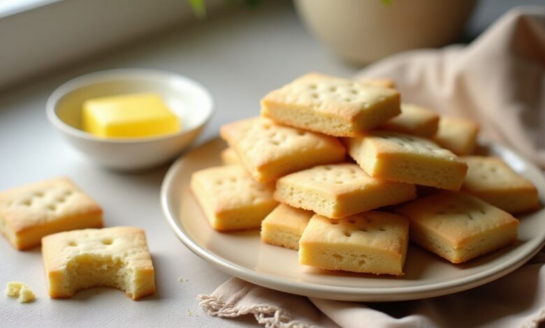 Homemade buttery shortbread cookies on a ceramic plate with a golden, crumbly texture