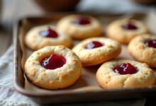 Jam thumbprint cookies with golden buttery edges and raspberry jam centers