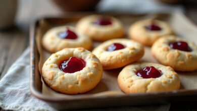 Jam thumbprint cookies with golden buttery edges and raspberry jam centers