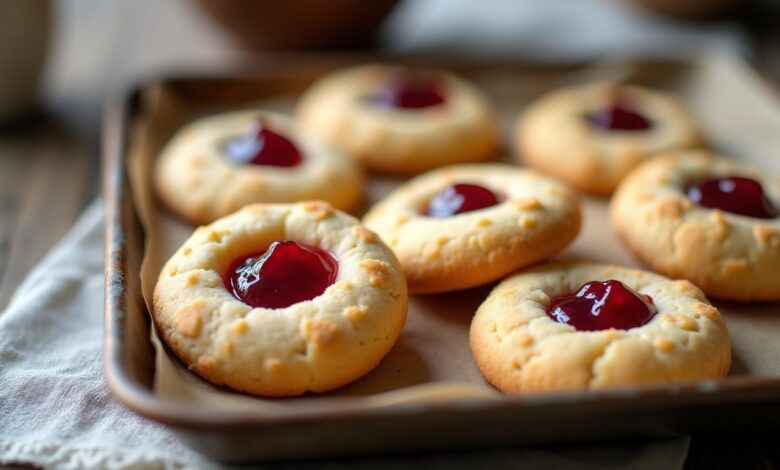 Jam thumbprint cookies with golden buttery edges and raspberry jam centers