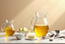 Vegetable oil baking substitutes including melted butter, applesauce and plain yogurt with measuring spoons