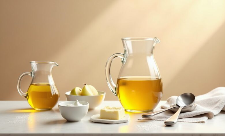 Vegetable oil baking substitutes including melted butter, applesauce and plain yogurt with measuring spoons